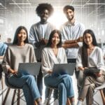 Equipo diverso reunido en una oficina moderna de tecnología, rodeados de pantallas y laptops, colaborando en un proyecto innovador.