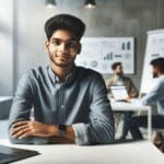 Joven emprendedor sentado en una sala de trabajo moderna, laptops y pizarras al fondo.