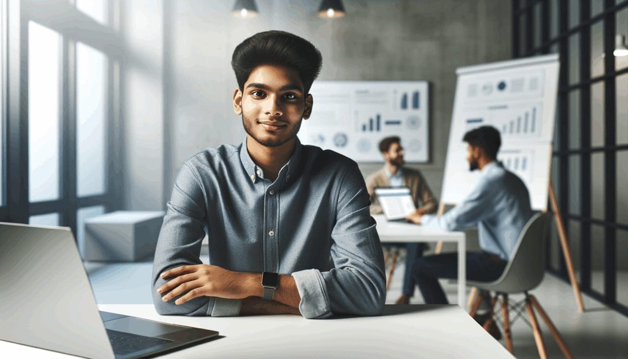 Joven emprendedor sentado en una sala de trabajo moderna, laptops y pizarras al fondo.
