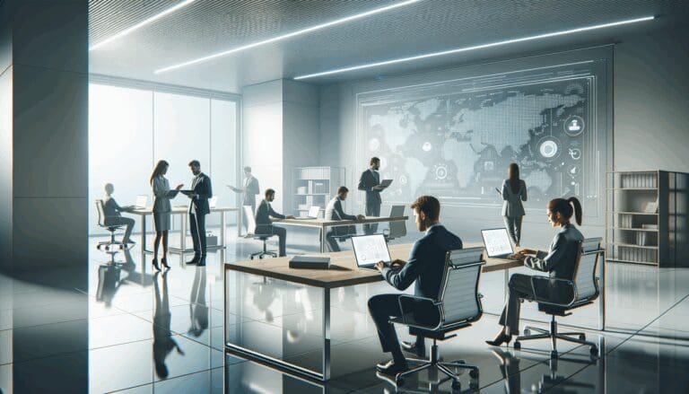 Oficinas modernas con equipos de trabajo colaborando en laptops, fondo neutro y tecnológico.