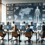 Sala moderna de trabajo tecnológico con un grupo de personas colaborando frente a pantallas y algoritmos de inteligencia artificial visualizados en monitores.