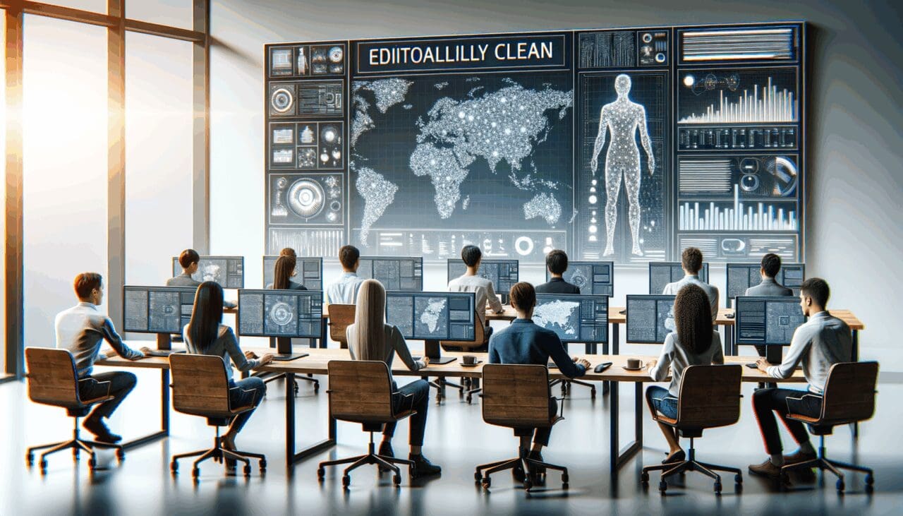 Sala moderna de trabajo tecnológico con un grupo de personas colaborando frente a pantallas y algoritmos de inteligencia artificial visualizados en monitores.