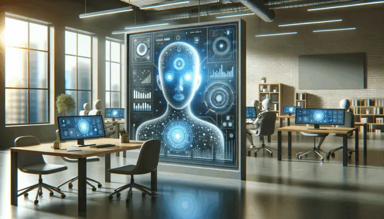 Ilustración conceptual de inteligencia artificial analizando datos sobre una pantalla digital, en una oficina moderna.