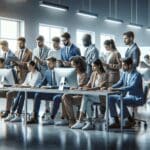 Investigadores y programadores colaborando frente a computadoras en un laboratorio moderno.