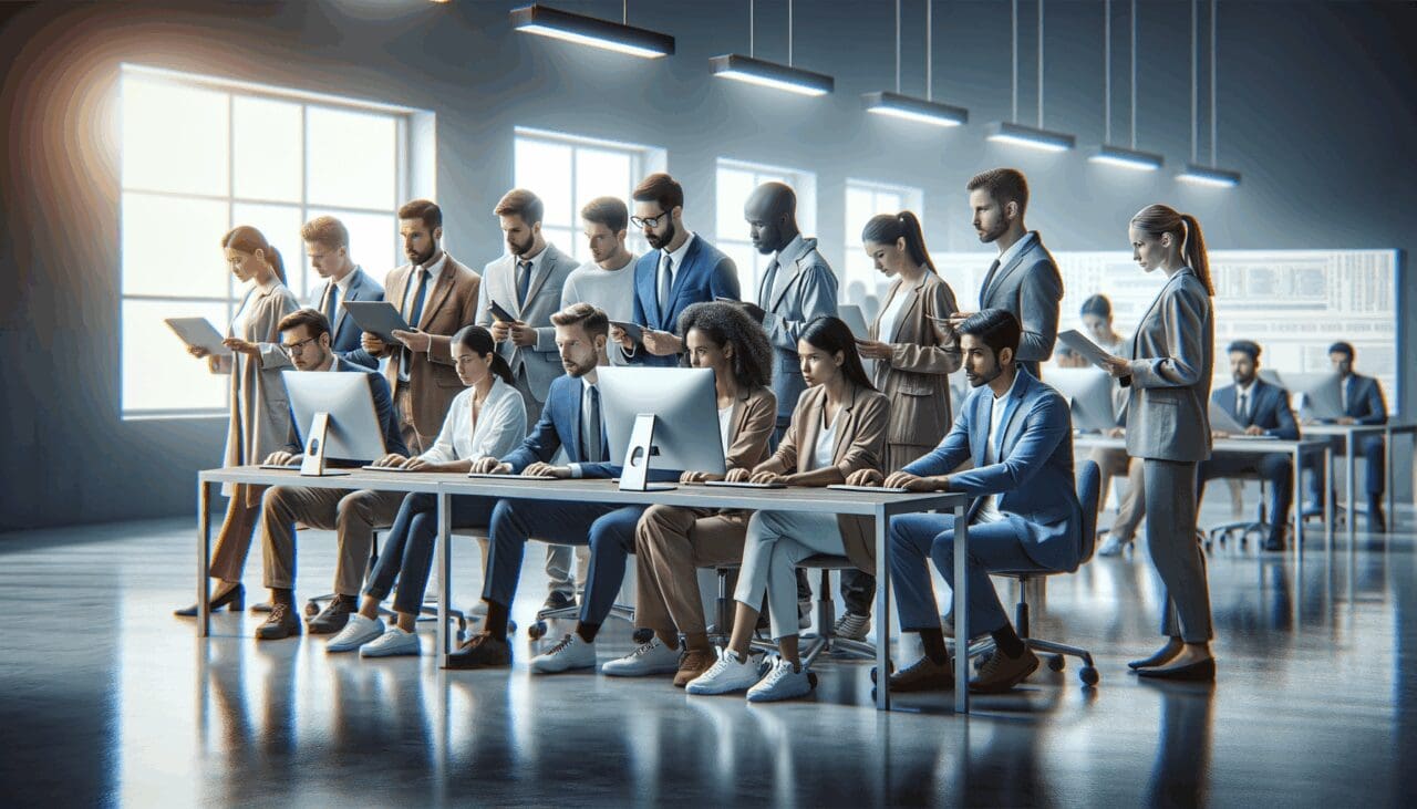 Investigadores y programadores colaborando frente a computadoras en un laboratorio moderno.