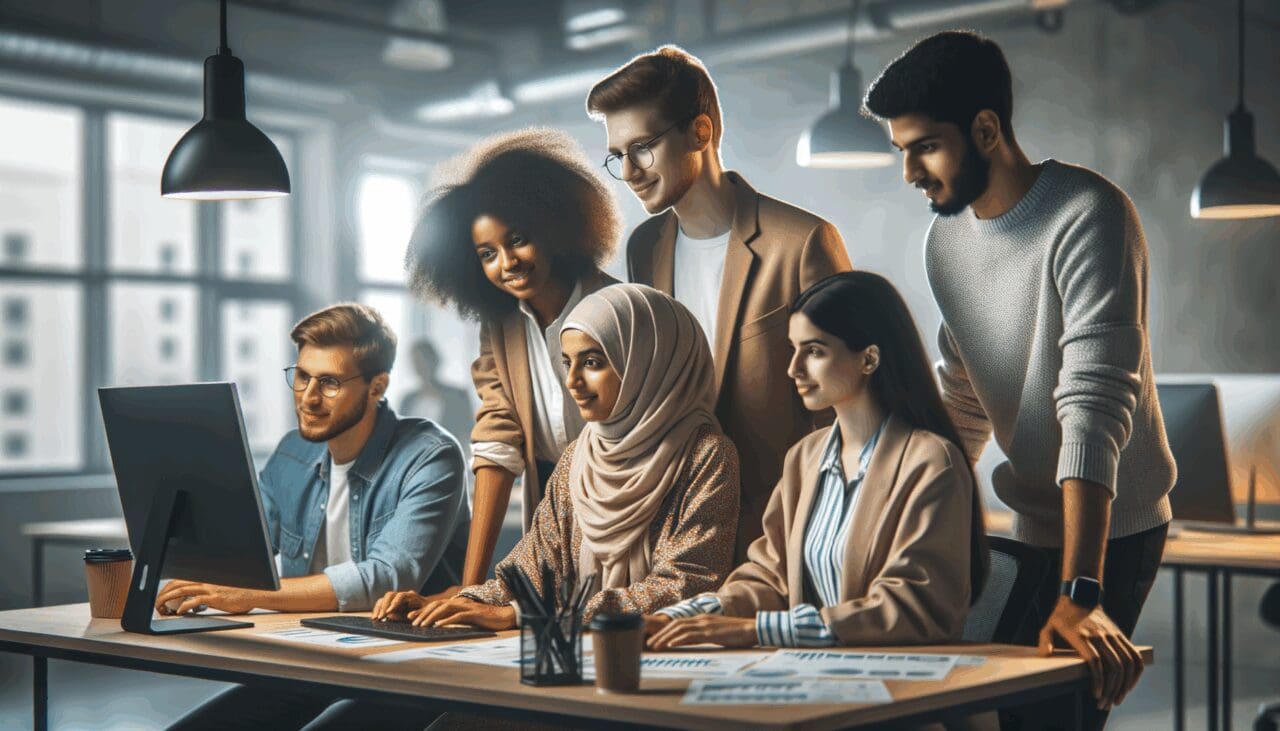 Fotografía contemporánea de jóvenes emprendedores colaborando en una oficina de coworking tecnológica.
