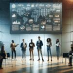 Jóvenes emprendedores presentando ideas en un moderno auditorio iluminado con pantallas digitales.