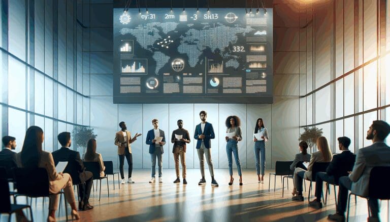 Jóvenes emprendedores presentando ideas en un moderno auditorio iluminado con pantallas digitales.