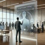 Ilustración de una interfaz digital inteligente evaluando perfiles de candidatos en un espacio moderno de oficina.