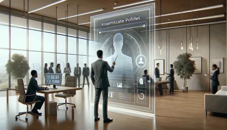 Ilustración de una interfaz digital inteligente evaluando perfiles de candidatos en un espacio moderno de oficina.