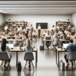 Personas colaborando en un aula moderna equipada con tecnología, ambiente de coworking.