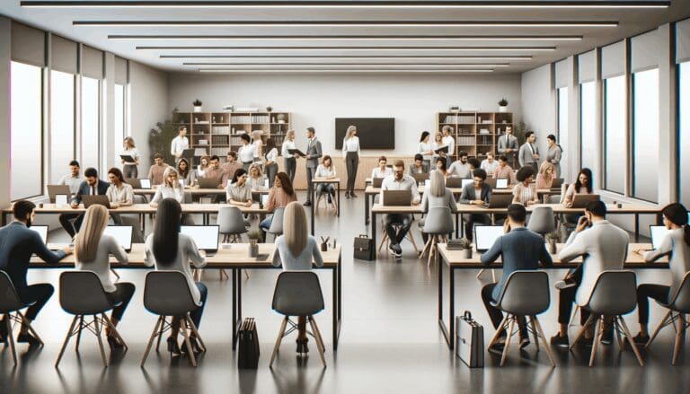 Personas colaborando en un aula moderna equipada con tecnología, ambiente de coworking.