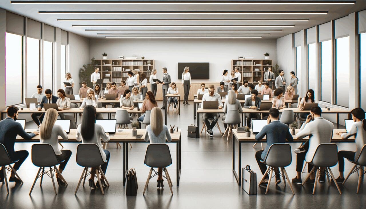 Personas colaborando en un aula moderna equipada con tecnología, ambiente de coworking.