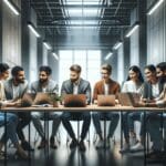 Emprendedores colaborando frente a laptops en una oficina moderna, con ambiente de trabajo tecnológico.