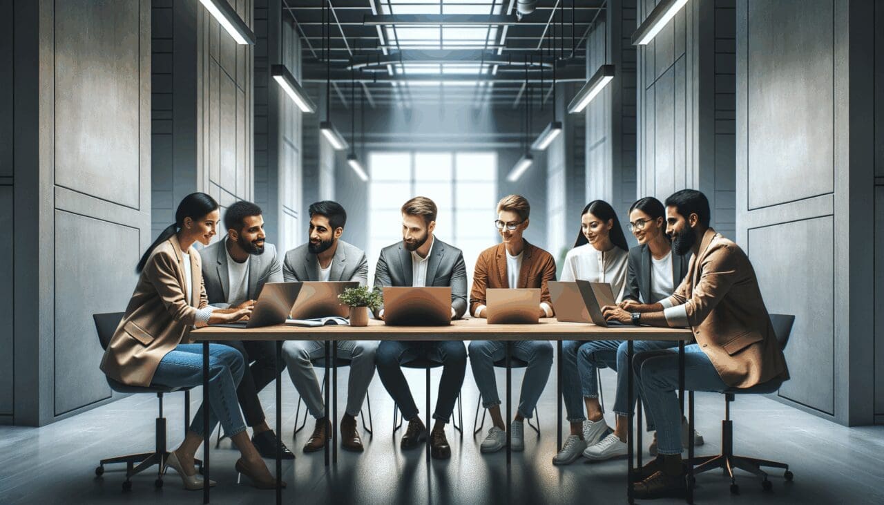 Emprendedores colaborando frente a laptops en una oficina moderna, con ambiente de trabajo tecnológico.
