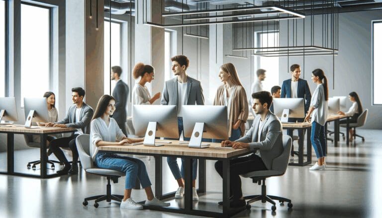 Oficinas modernas con jóvenes emprendedores colaborando frente a computadoras en un ambiente tecnológico.