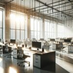 Oficina vacía de una startup tecnológica con luz natural y escritorios modernos.