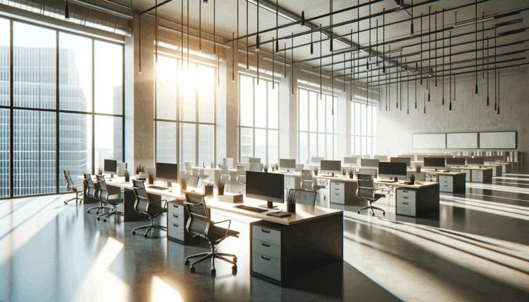 Oficina vacía de una startup tecnológica con luz natural y escritorios modernos.