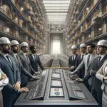 Equipo de ingenieros supervisando un sistema digital en una mina moderna al aire libre, entorno tecnológico, sin logotipos.