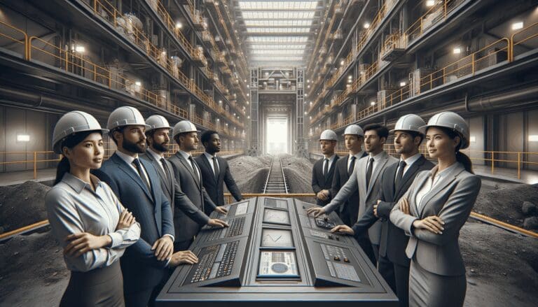 Equipo de ingenieros supervisando un sistema digital en una mina moderna al aire libre, entorno tecnológico, sin logotipos.