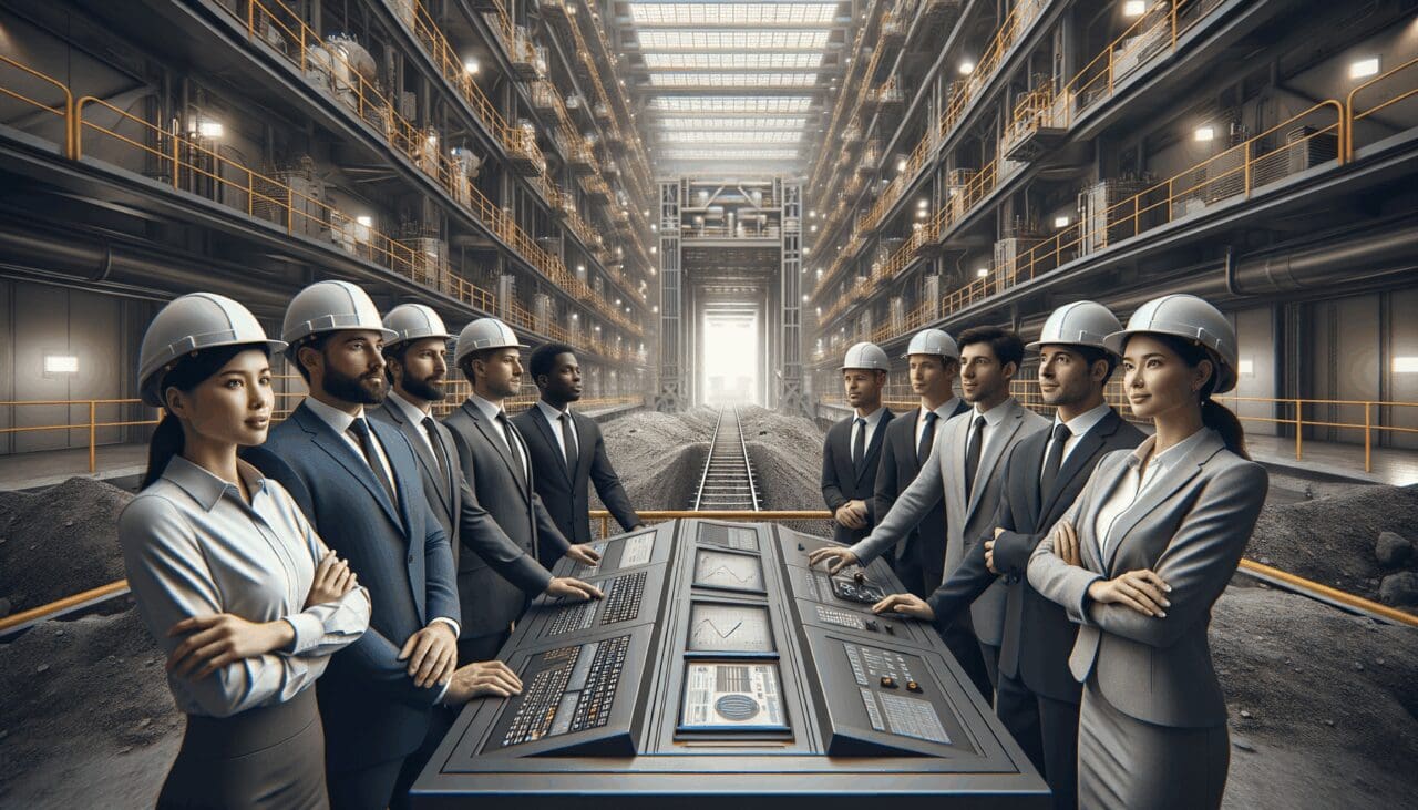 Equipo de ingenieros supervisando un sistema digital en una mina moderna al aire libre, entorno tecnológico, sin logotipos.