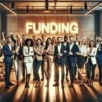 Equipo diverso en oficina moderna celebrando un financiamiento, luces cálidas, entorno tecnológico, ambiente positivo.