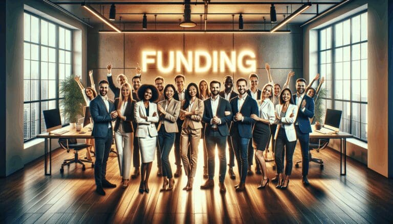 Equipo diverso en oficina moderna celebrando un financiamiento, luces cálidas, entorno tecnológico, ambiente positivo.