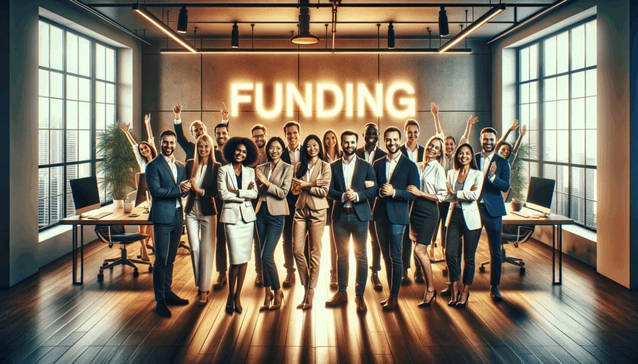 Equipo diverso en oficina moderna celebrando un financiamiento, luces cálidas, entorno tecnológico, ambiente positivo.