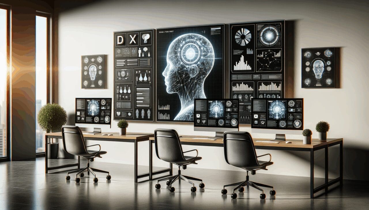 Espacio de trabajo moderno con pantallas mostrando tecnología de inteligencia artificial