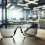 Primer plano de unas gafas inteligentes sobre una mesa de trabajo moderna, fondo borroso de oficina tecnológica.