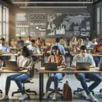 Grupo diverso de emprendedores trabajando en laptops en un espacio de coworking moderno, pantallas mostrando gráficos y códigos.