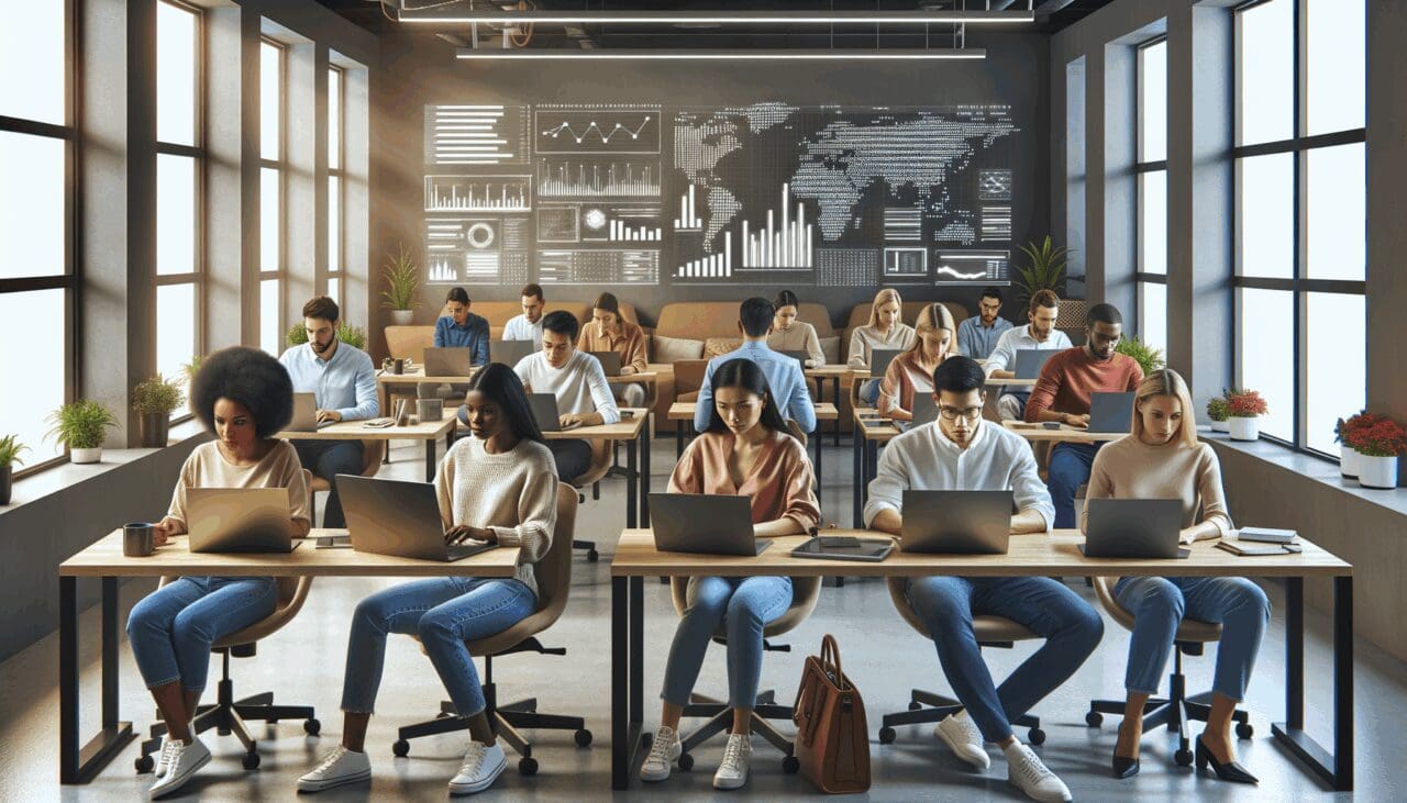 Grupo diverso de emprendedores trabajando en laptops en un espacio de coworking moderno, pantallas mostrando gráficos y códigos.