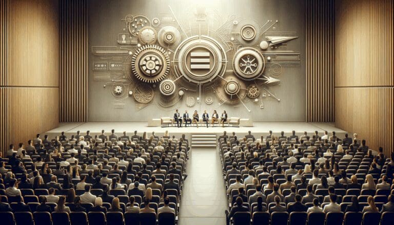 Emprendedores y startups presentando innovaciones en un auditorio lleno de energía emprendedora