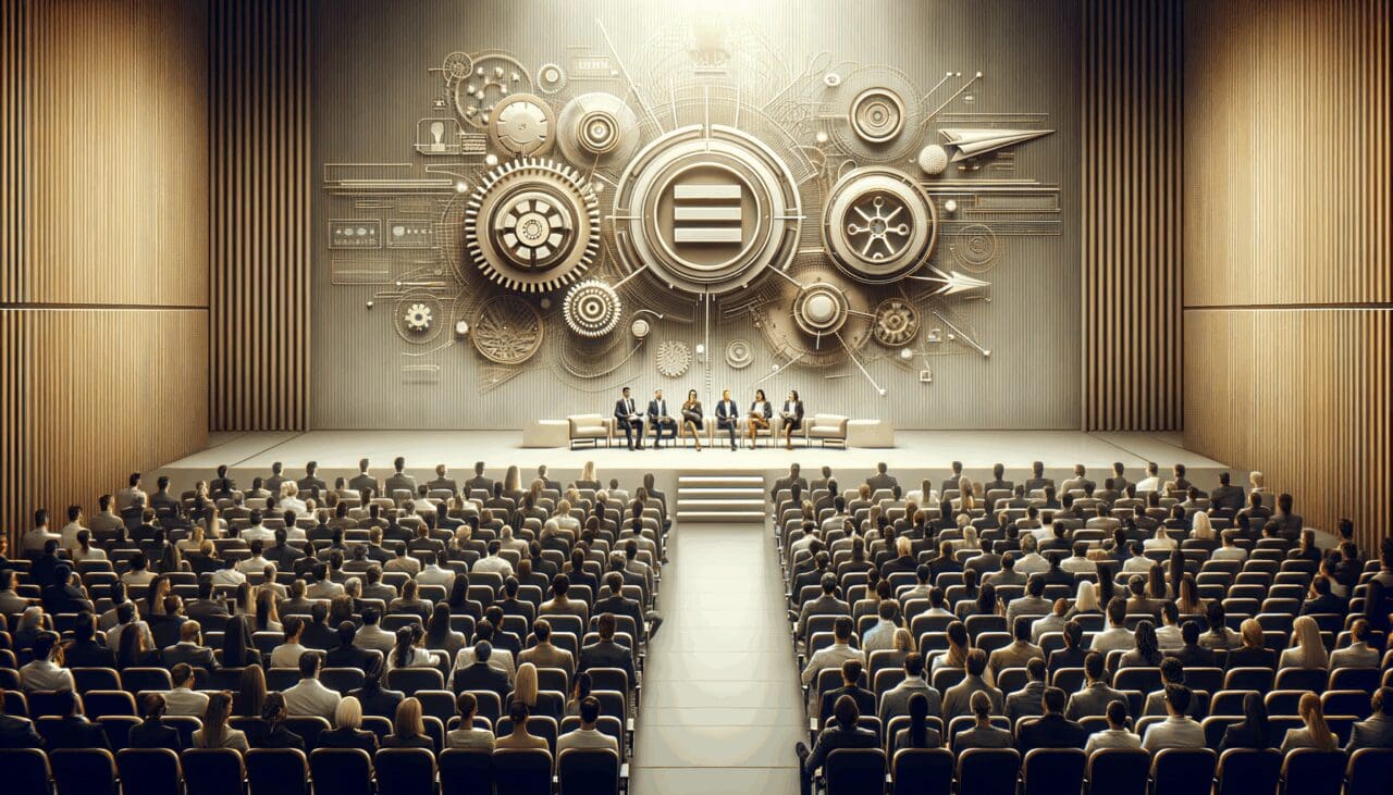 Emprendedores y startups presentando innovaciones en un auditorio lleno de energía emprendedora