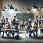 Grupo diverso de jóvenes emprendedores en entorno universitario moderno, conversando animadamente alrededor de laptops y pizarras.