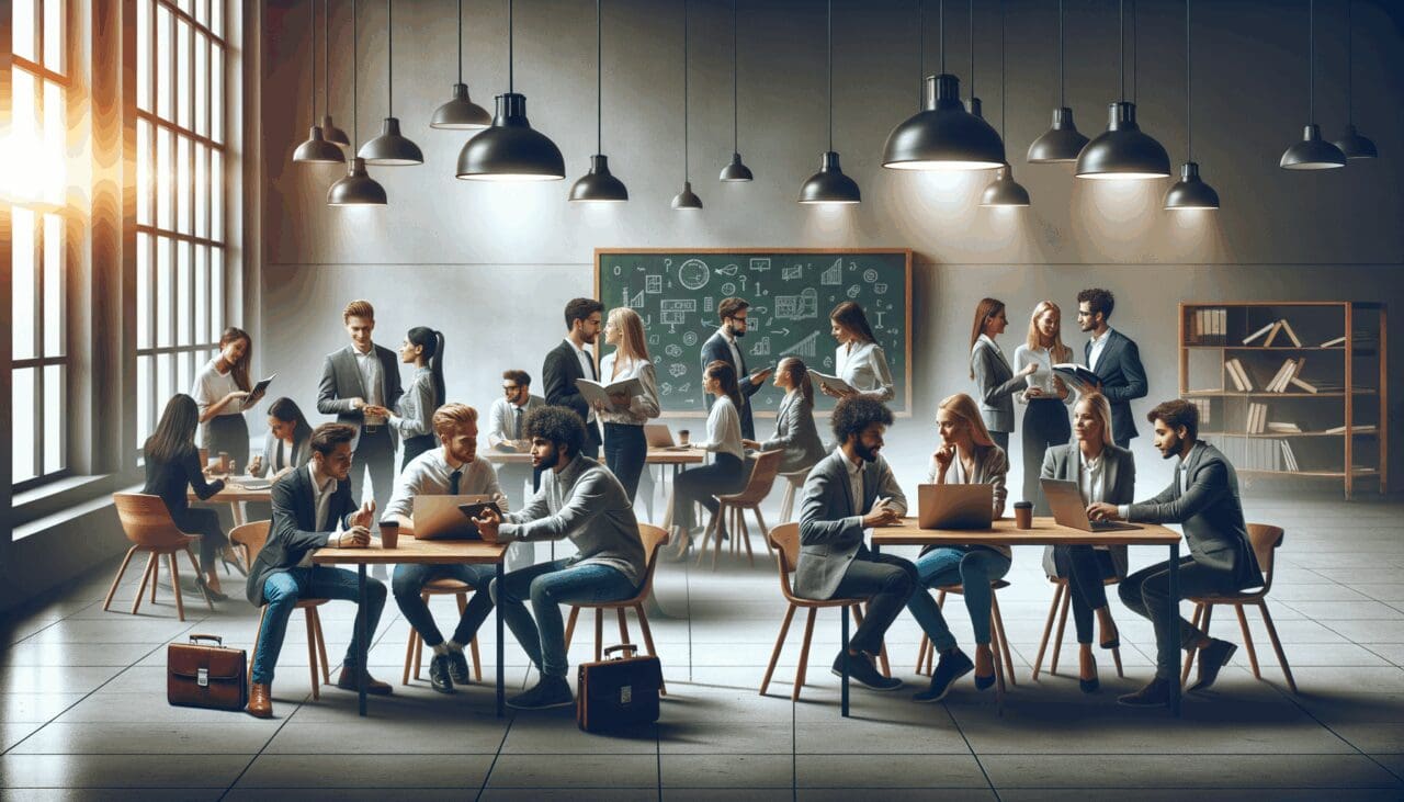 Grupo diverso de jóvenes emprendedores en entorno universitario moderno, conversando animadamente alrededor de laptops y pizarras.