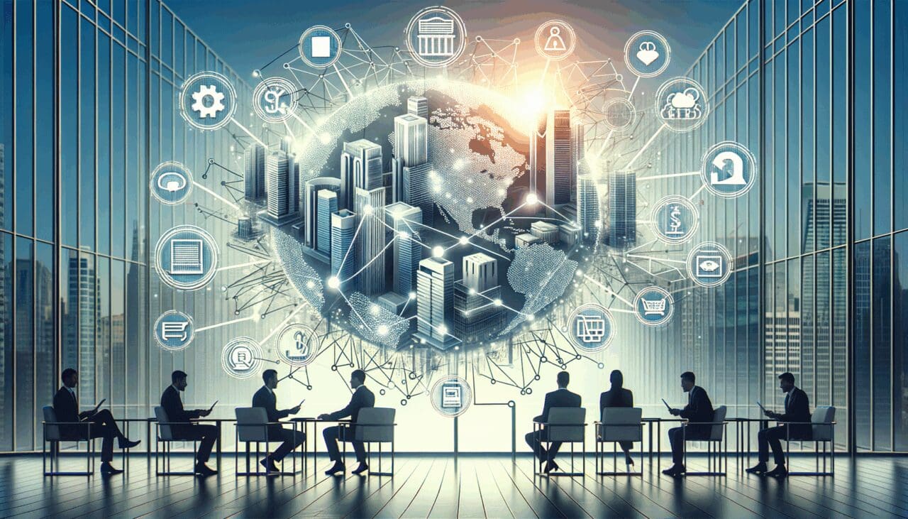 Ilustración conceptual de fintechs conectadas por redes digitales sobre un fondo urbano moderno.