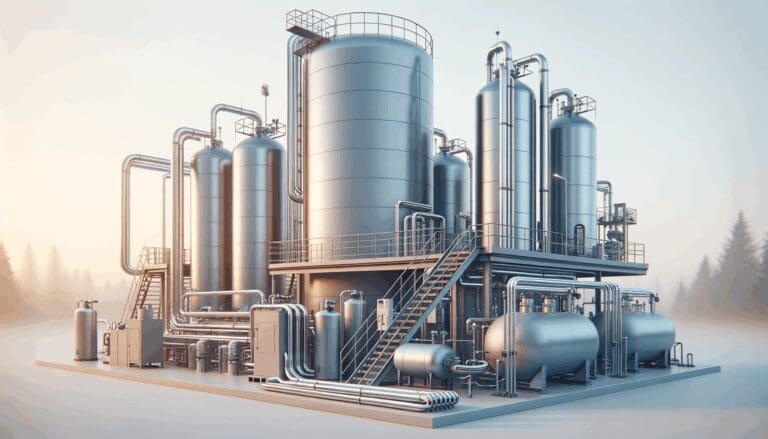 Equipo tecnológico moderno con tuberías y tanques industriales procesando biogás en un entorno rural.