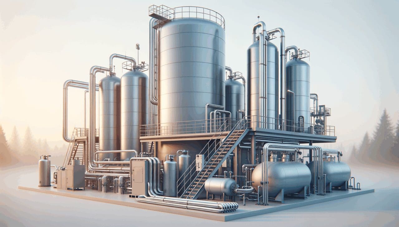Equipo tecnológico moderno con tuberías y tanques industriales procesando biogás en un entorno rural.