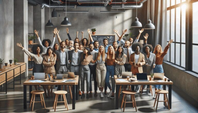 Grupo diverso de emprendedores reunidos en un moderno espacio de coworking rodeado de portátiles y pizarras.