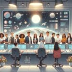 Panel de control de una startup tecnológica espacial con jóvenes emprendedores colaborando en un ambiente moderno.