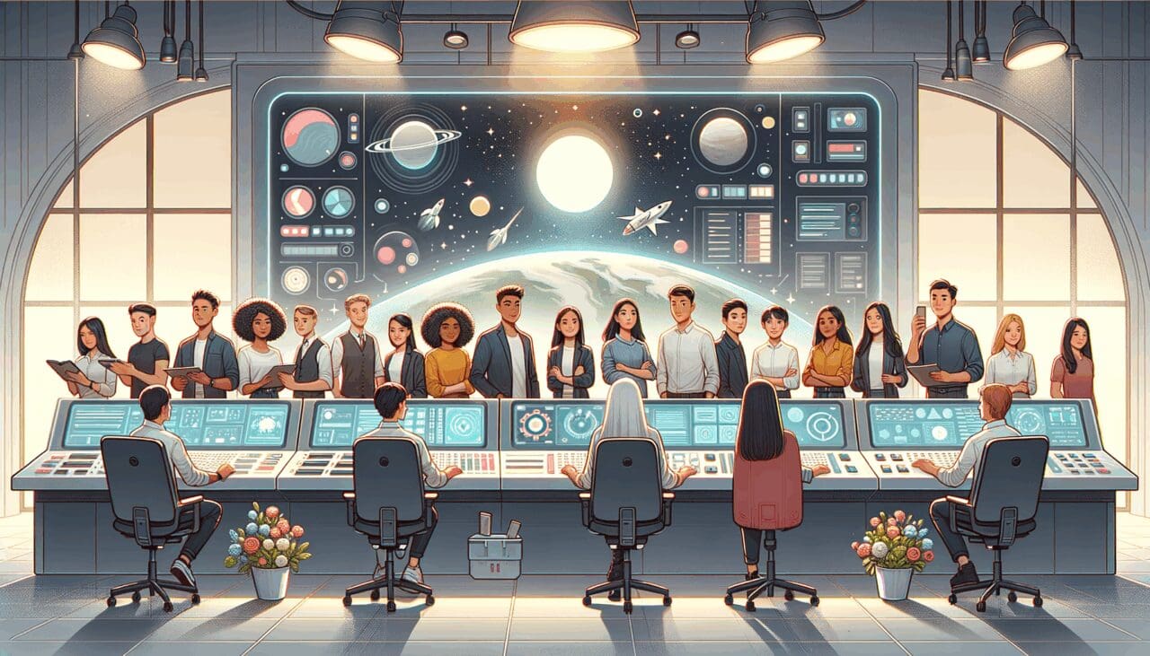 Panel de control de una startup tecnológica espacial con jóvenes emprendedores colaborando en un ambiente moderno.