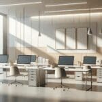 Oficina despejada y minimalista con computadoras portátiles, ambiente de trabajo colaborativo y luz natural.