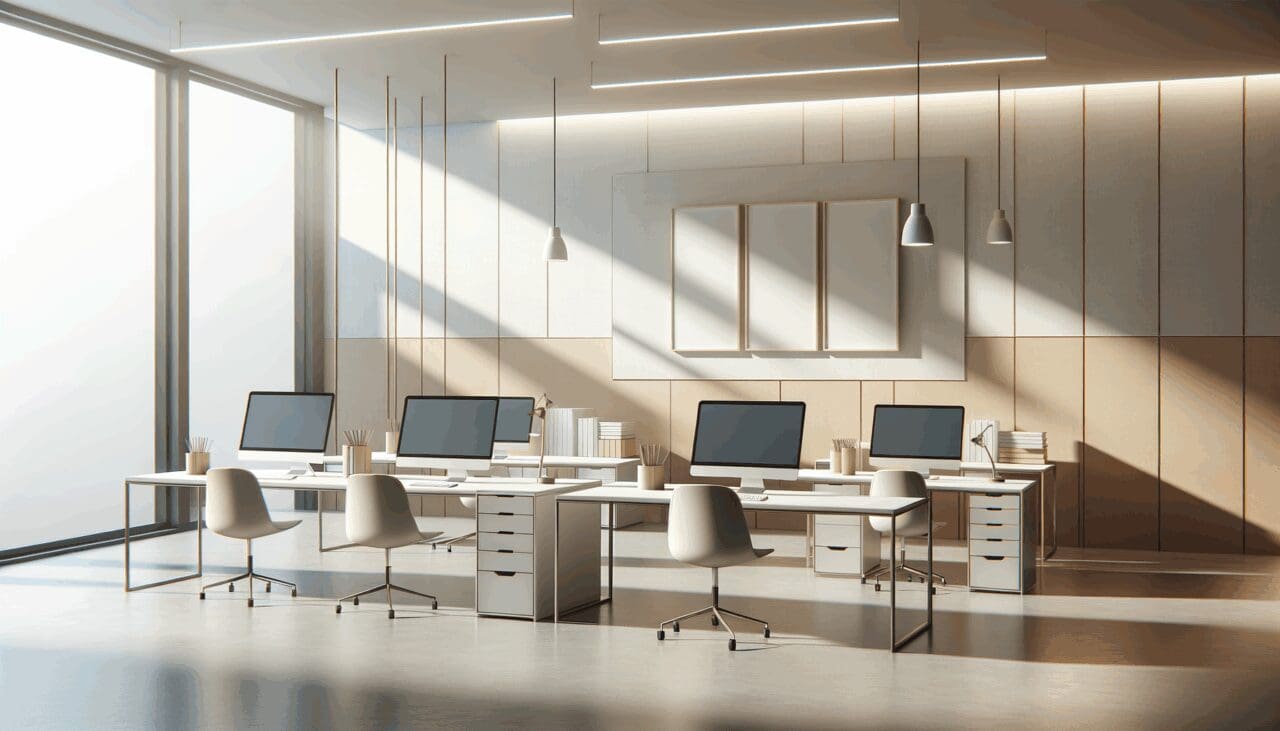 Oficina despejada y minimalista con computadoras portátiles, ambiente de trabajo colaborativo y luz natural.