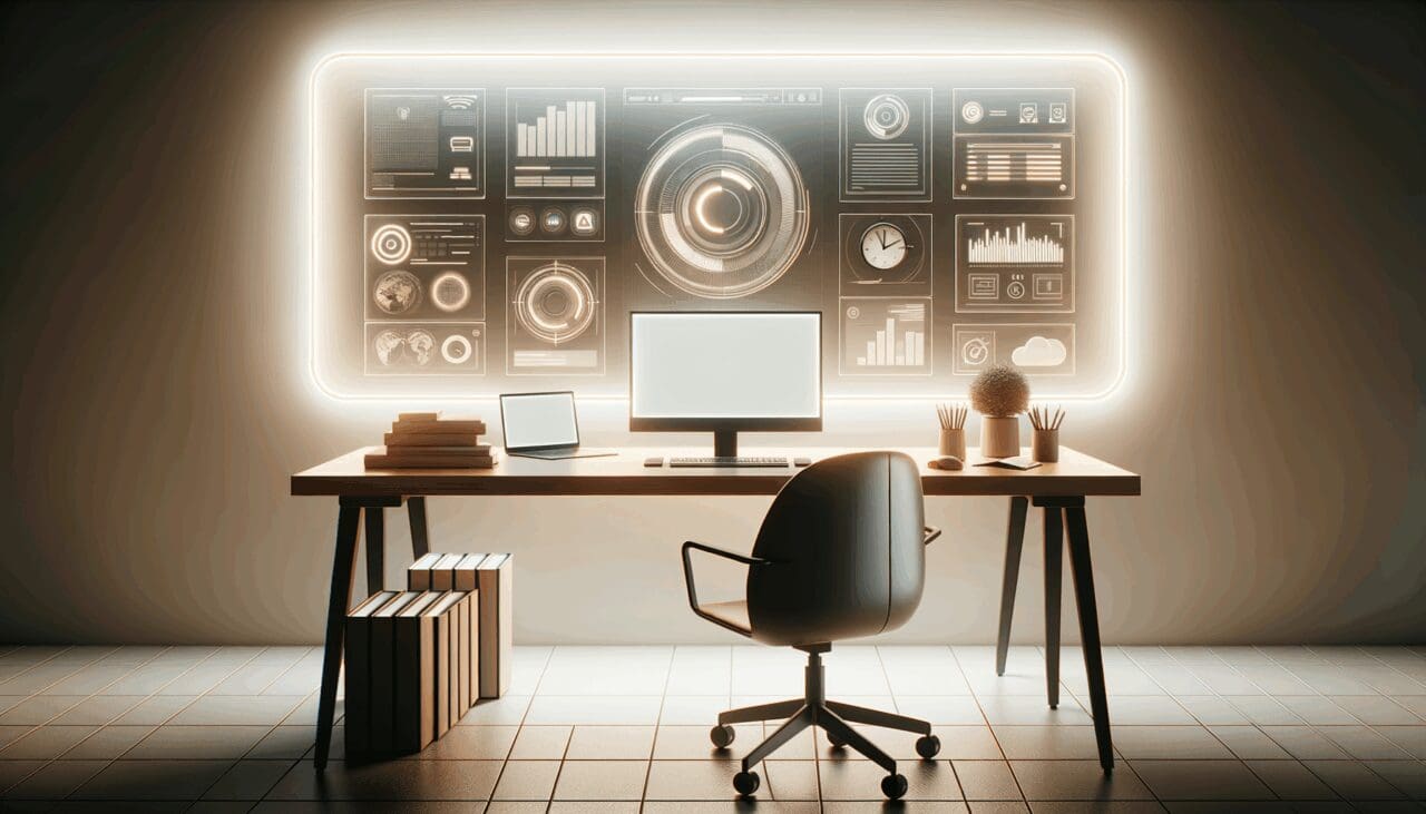 Oficina virtual minimalista iluminada con dispositivos digitales y una sola laptop sobre el escritorio.