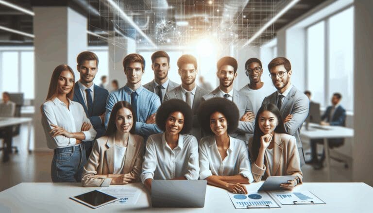 Jóvenes profesionales colaborando en un espacio de trabajo tecnológico moderno y luminoso.