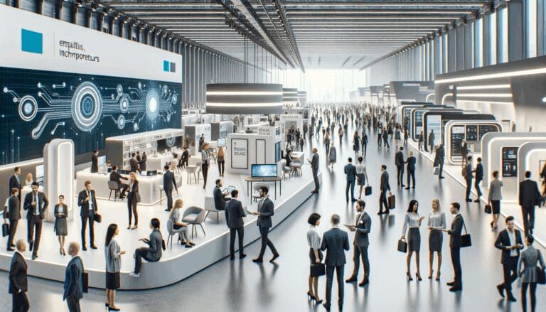 Panorámica de una sala de exposición moderna con stands tecnológicos y emprendedores conversando.