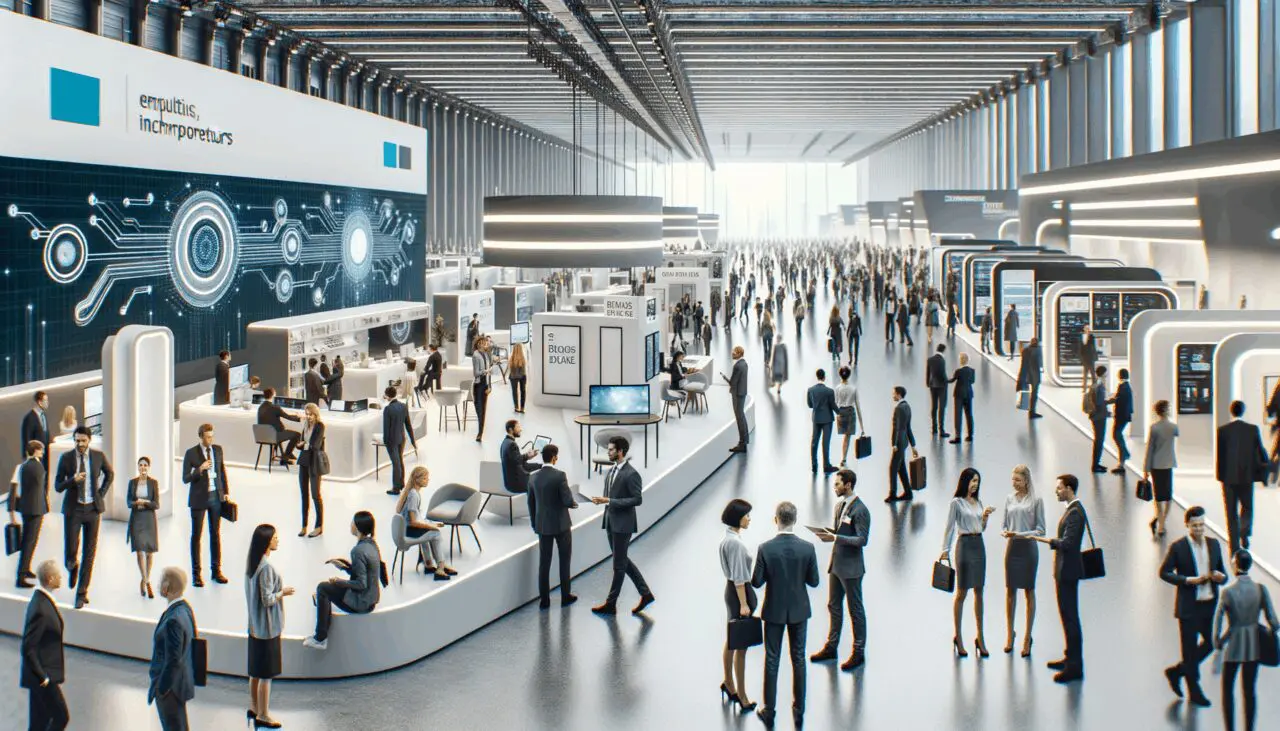 Panorámica de una sala de exposición moderna con stands tecnológicos y emprendedores conversando.