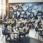 Personas colaborando en un entorno de coworking moderno, laptops y pantallas con mapas de Europa.