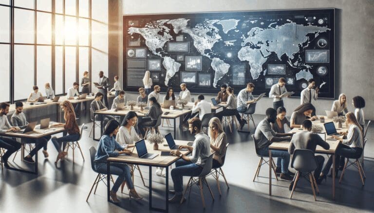 Personas colaborando en un entorno de coworking moderno, laptops y pantallas con mapas de Europa.